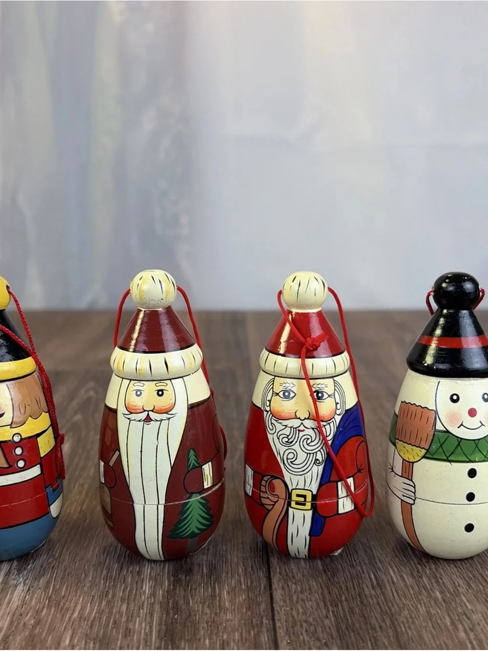 Set of 4 Vintage Wooden Painted Santa Nesting Doll Ornaments Snowman Nutcracker